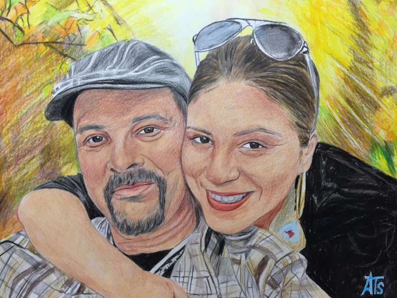 Colored pencil drawing of a couple embracing, man wearing a cap, woman wearing sunglasses.