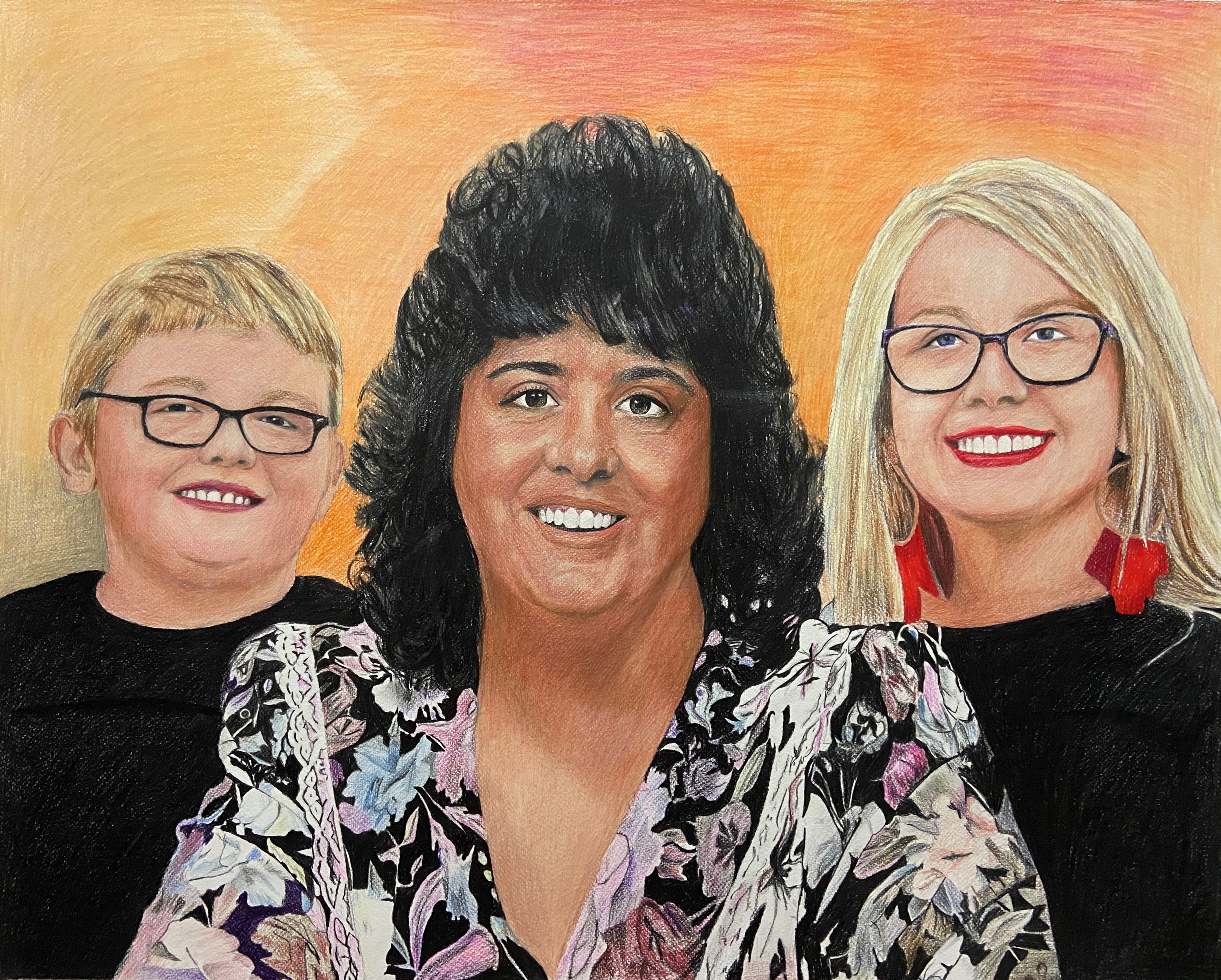Colored pencil drawing of a woman and two younger people.