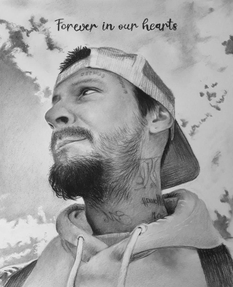 Black and white pencil portrait of a man with tattoos, wearing a baseball cap and hoodie, looking upward, text reads Forever in our hearts