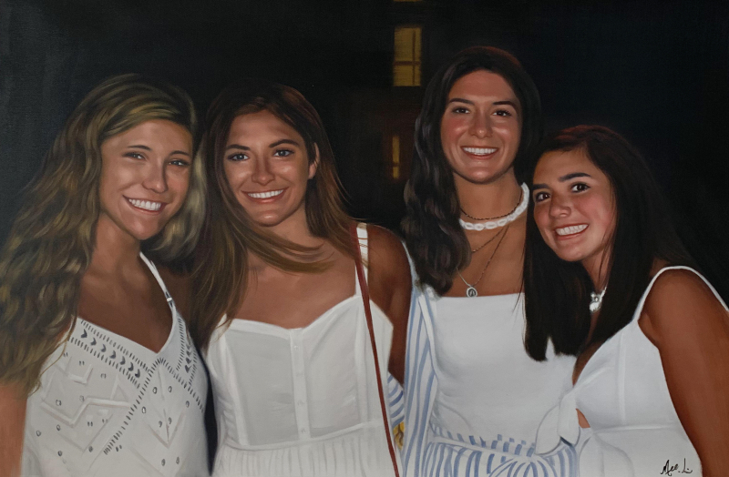 Painting of four smiling young women in white dresses at night.