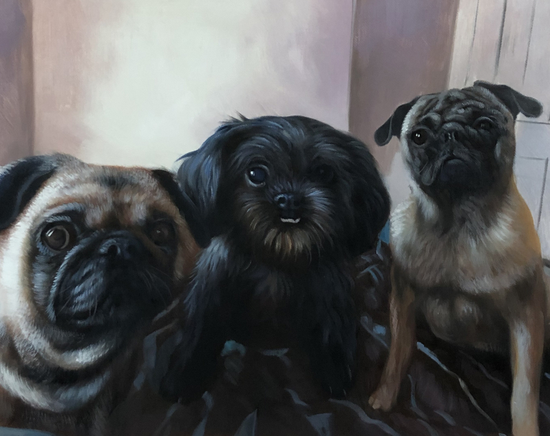 Beautiful handmade oil painting of three dogs
