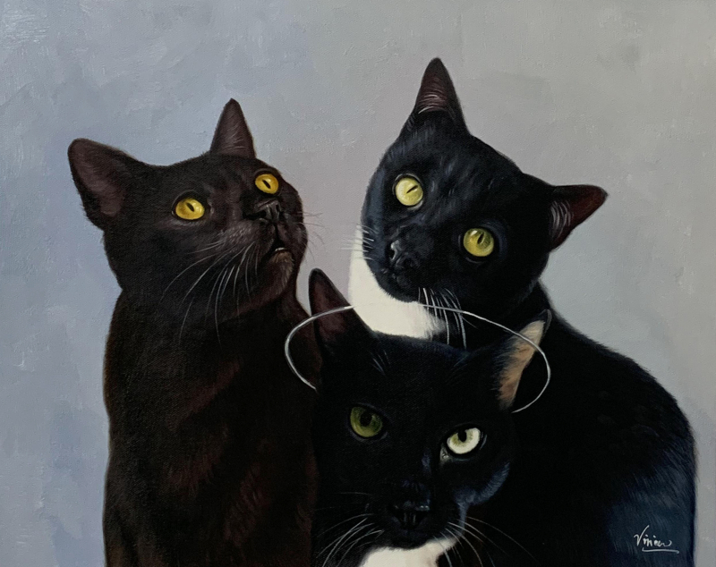 Custom handmade oil artwork of three cats