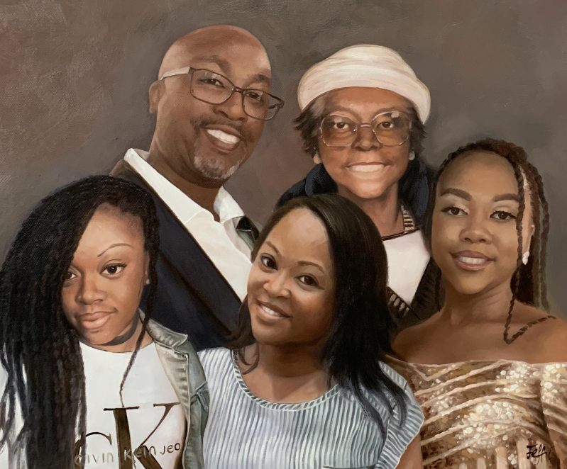 Beautiful oil artwork of a family with a solid background