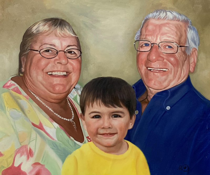 Custom oil artwork of grandparents with grandchild