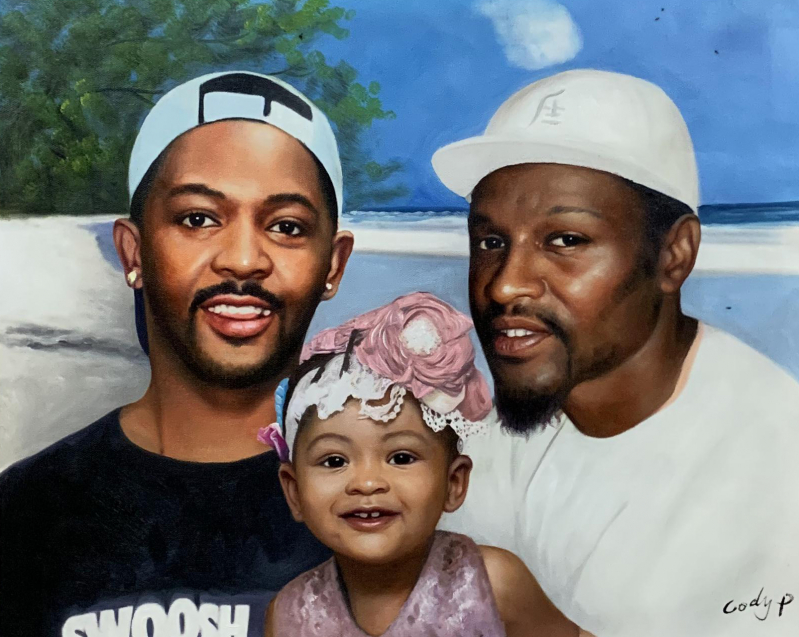 Custom oil painting of two man with a little girl