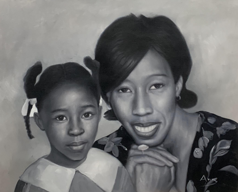Black and white portrait painting of a woman and child.
