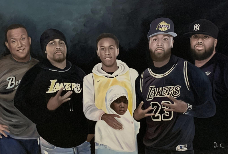 Custom acrylic painting of five men and a girl