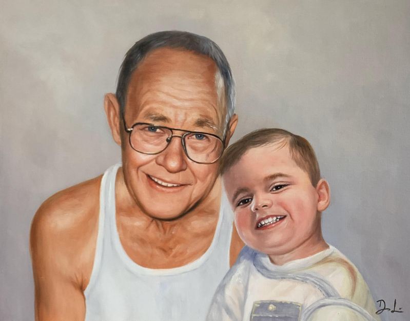 Beautiful oil painting of a grandfather and a grandson 