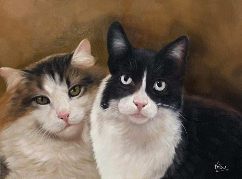 Painting of two cats, one calico and one tuxedo.