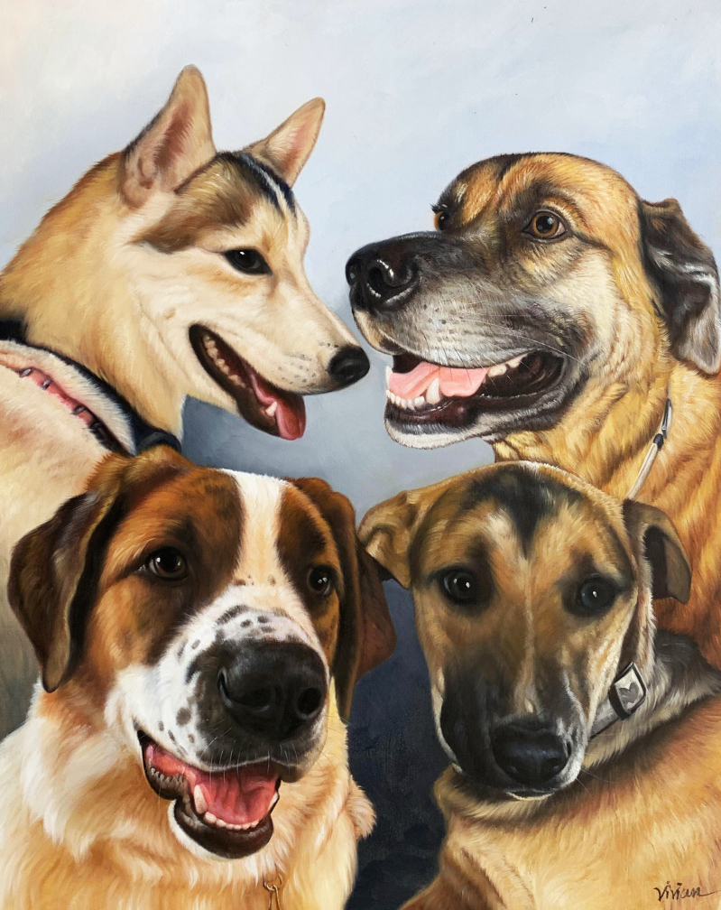 Painting of four dogs` heads.