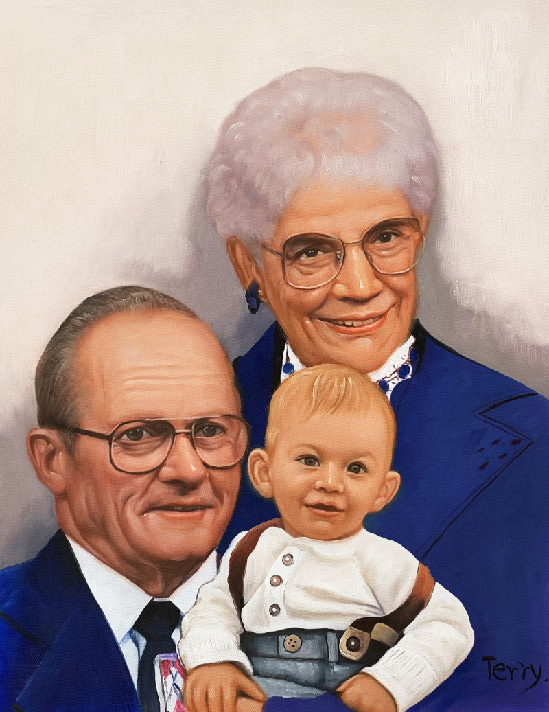 Painting of elderly couple with a baby