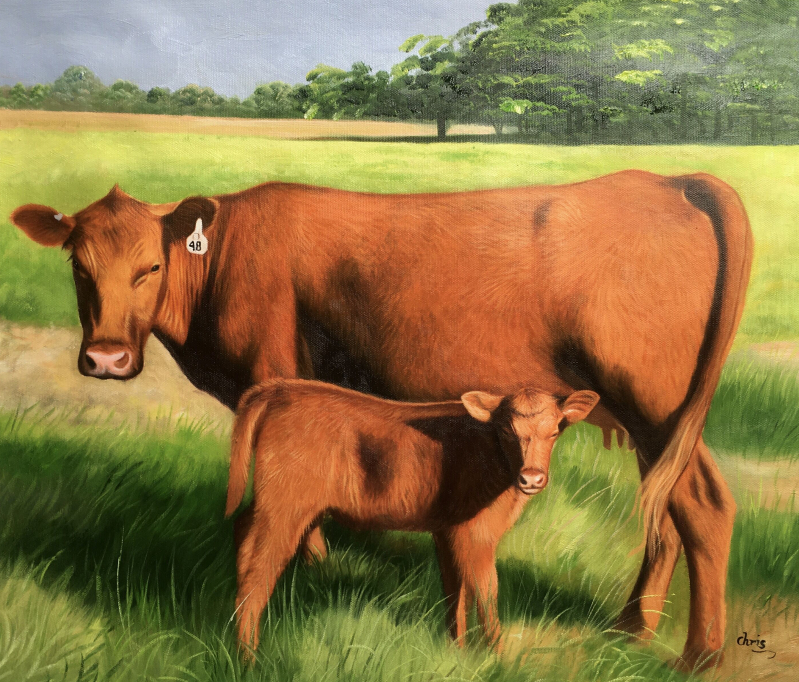 Painting of a brown cow and calf in a field.