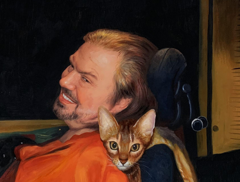 Painting of a man in a wheelchair with a cat on his shoulder