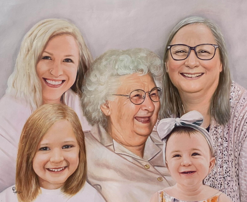 Painted portrait of four generations of women: a young girl, older girl, middle-aged woman, and elderly woman.