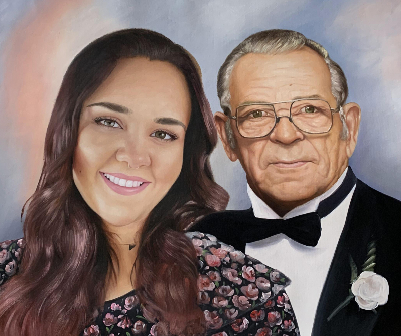 Painted portrait of a young woman and an older man.