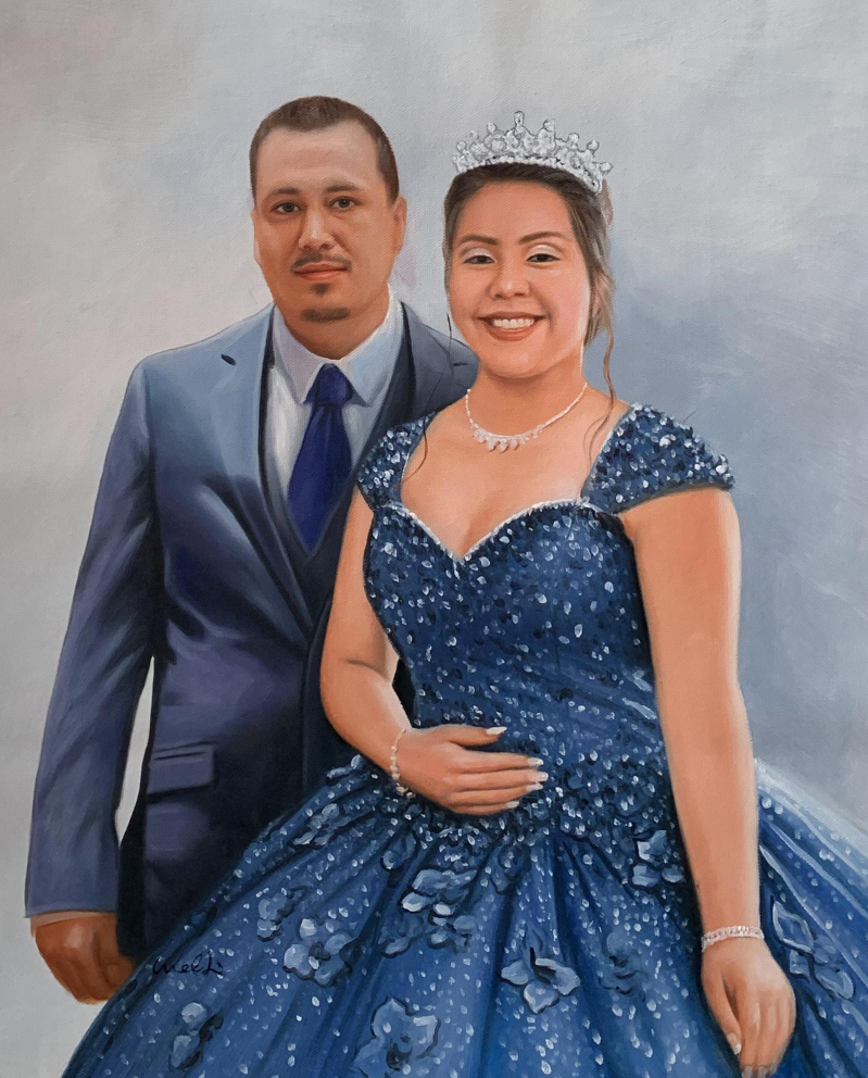 Painting of a man in a suit and a woman in a blue gown and tiara.