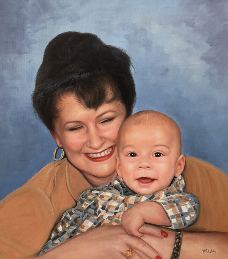 Oil painting of a smiling woman holding a baby.