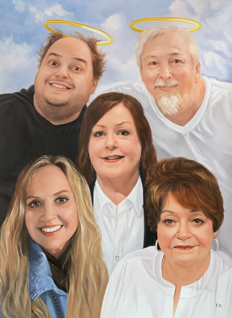 Painted portrait of five people, two with halos, against a cloudy sky.
