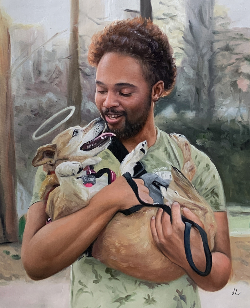 Painting of a man holding a small dog with a halo, outdoors.
