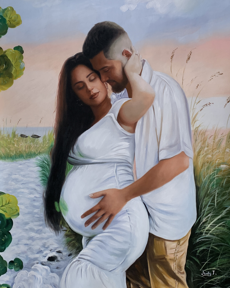 Painting of a pregnant woman embraced by her partner near water.