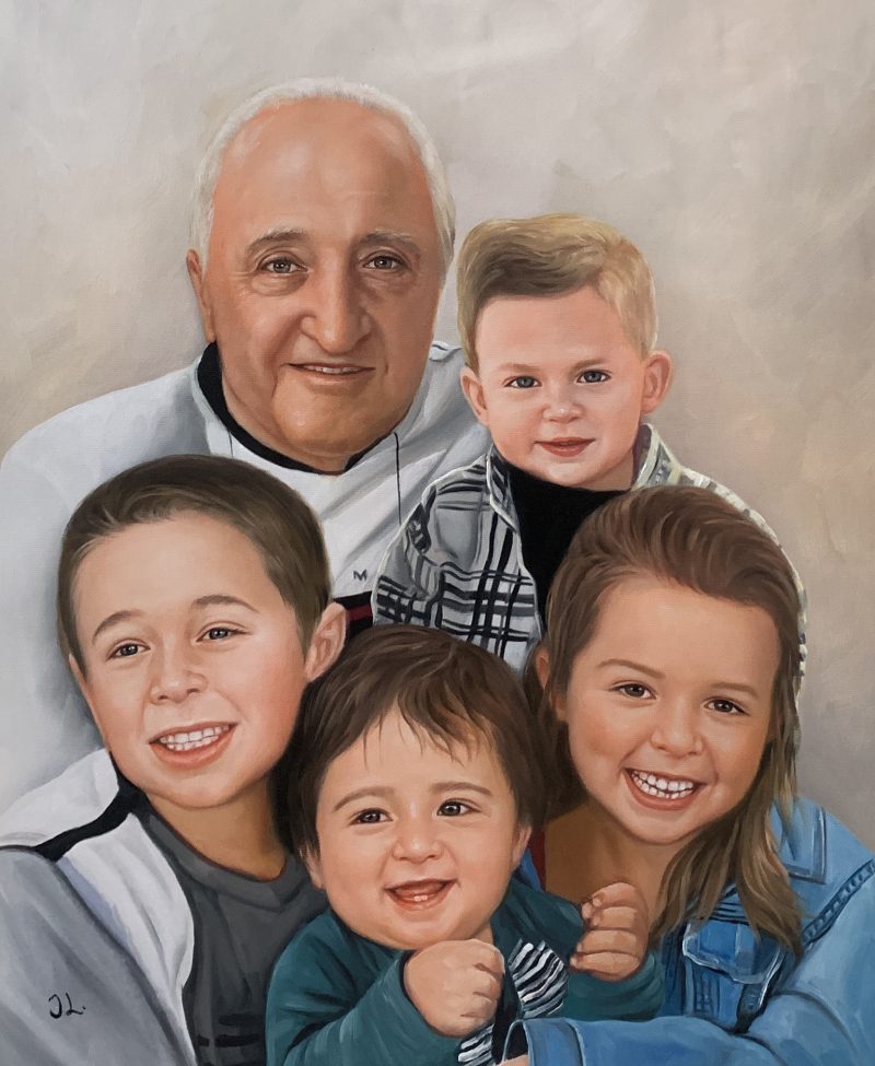 Painted portrait of a grandfather with four grandchildren.