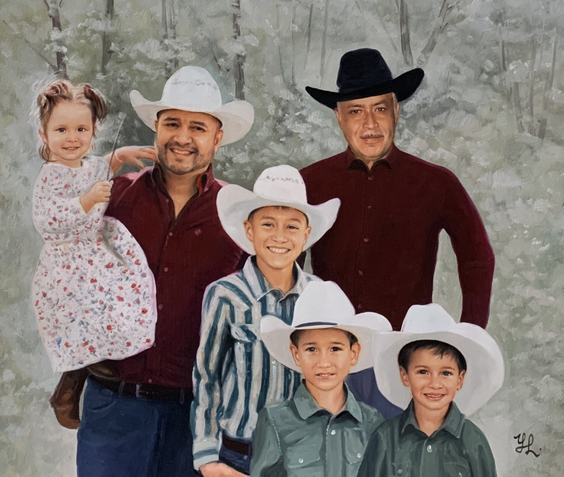 Family portrait painting, five children and two adults wearing cowboy hats