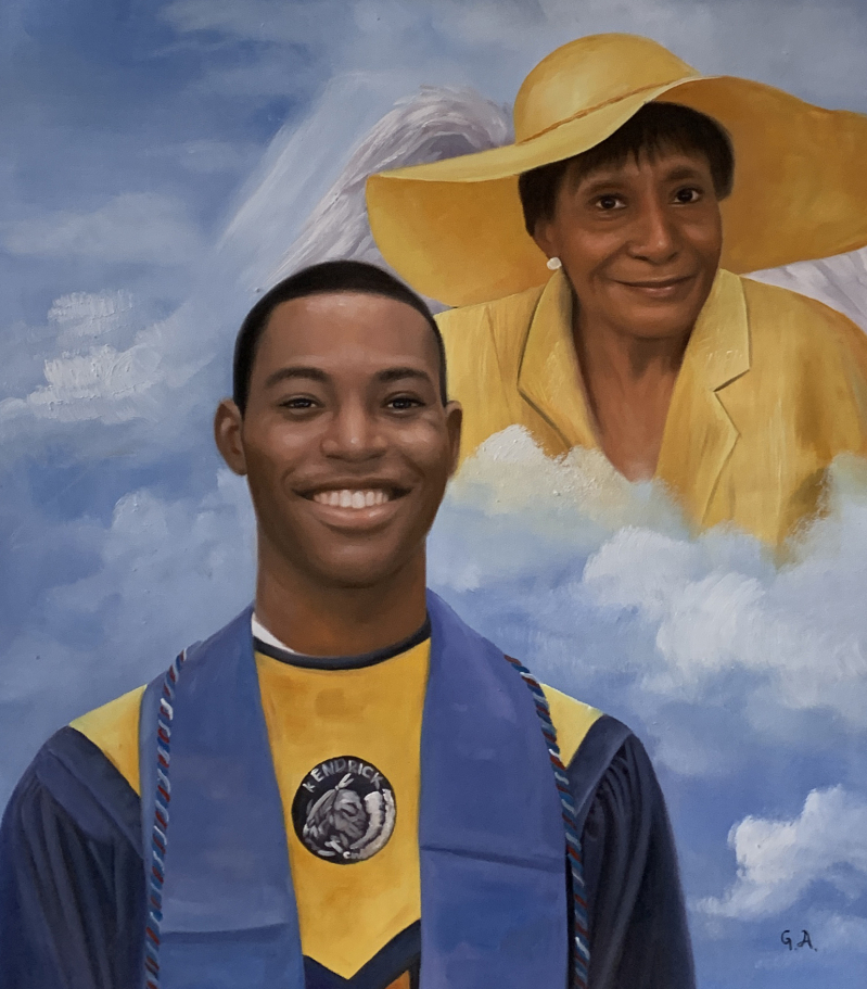 Painting of a smiling young Black man in graduation attire with a woman in a yellow hat and angel wings in the background.