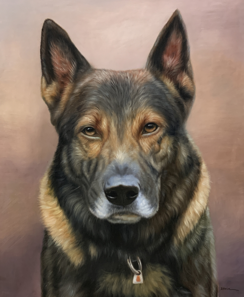Painting of a German Shepherd dog wearing a collar with a tag.