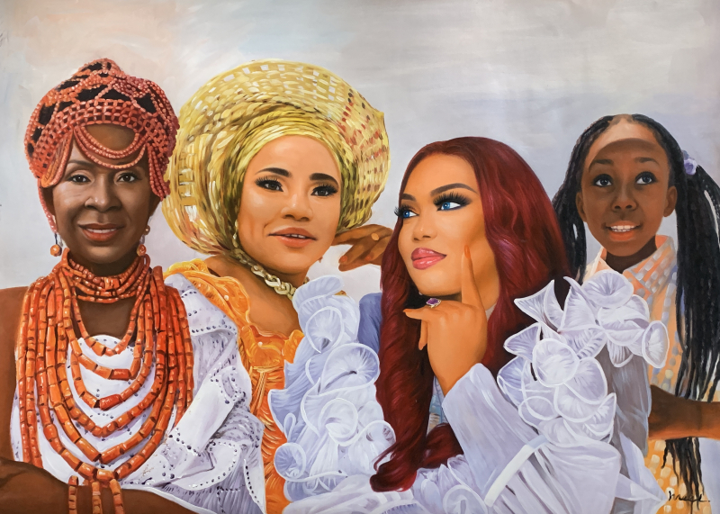 Painting of four women, three adults and a young girl, wearing traditional and modern clothing.