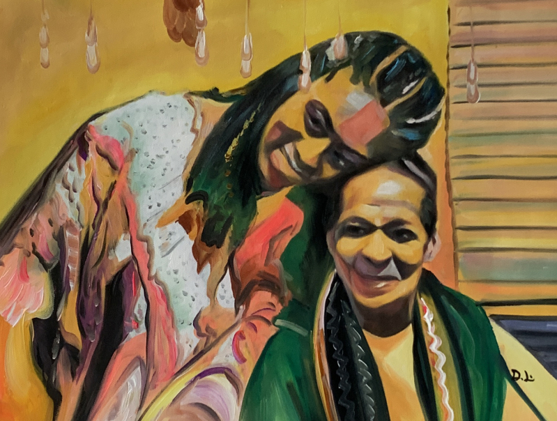 Painting of two smiling women embracing, one with long dark hair and colorful clothing, the other in green.