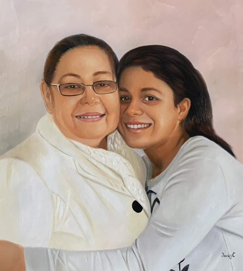 Oil painting portrait of an older woman and a younger woman embracing.