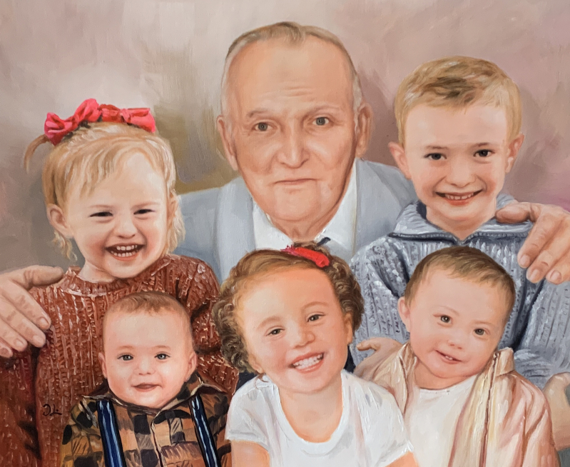 Painted portrait of a grandfather with four grandchildren.