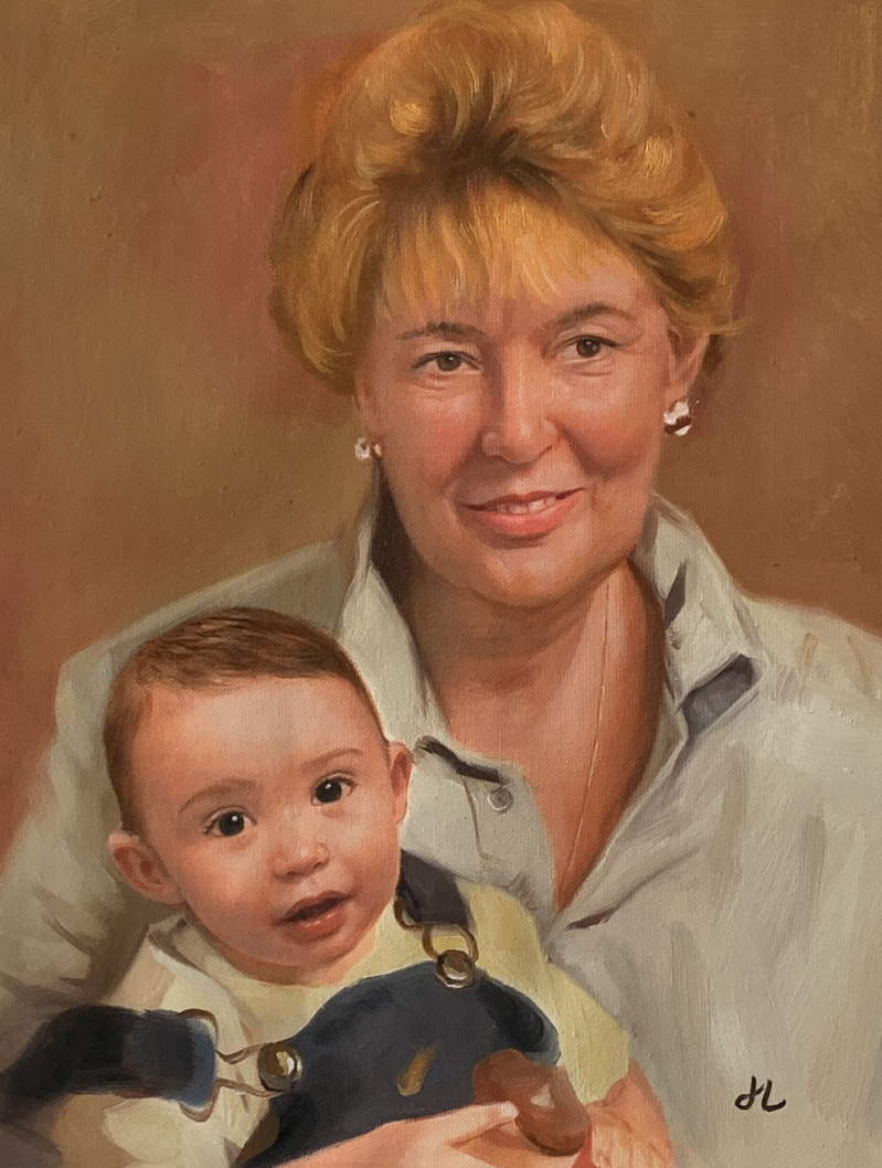 Oil painting of a woman holding a baby.