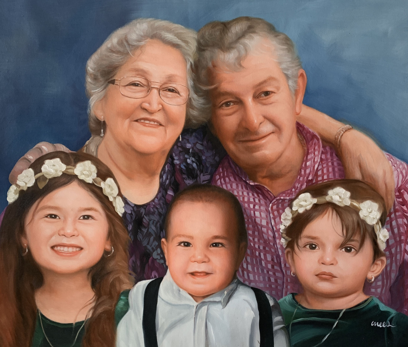 Painted portrait of grandparents with two young grandchildren.
