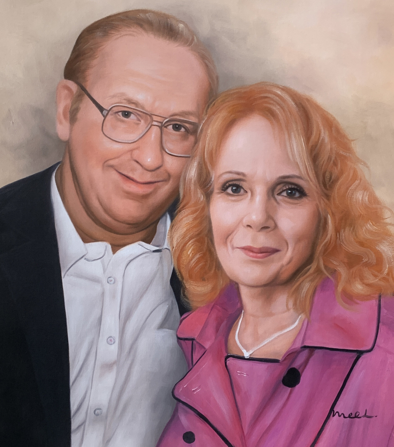Painted portrait of a couple, man in glasses and suit, woman in pink jacket.