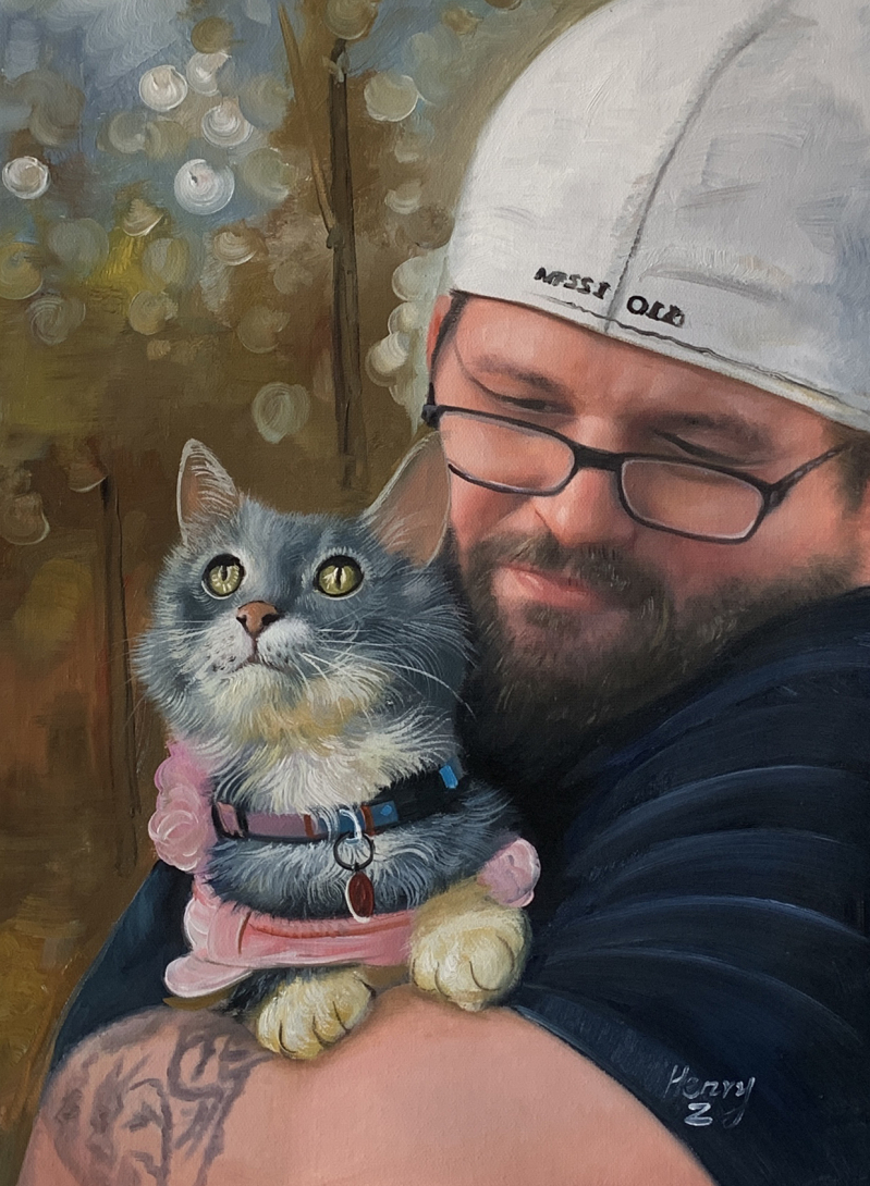 Painting of a man holding a grey and white kitten wearing a pink dress.