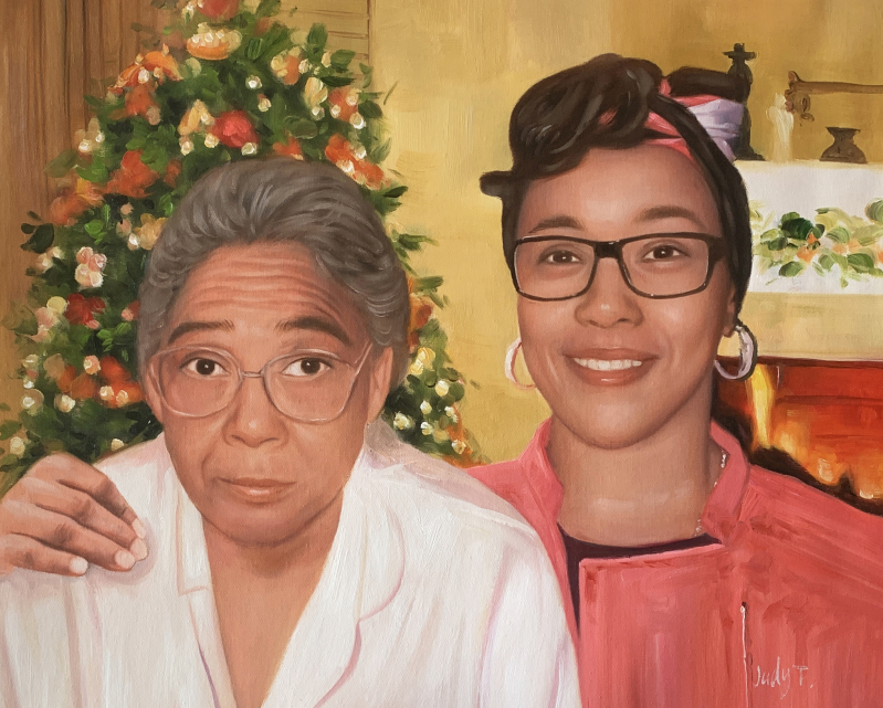 Oil painting of two women, one older and one younger, posing together in front of a Christmas tree.