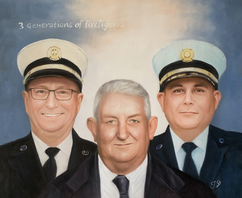 Painting of three generations of firefighters in uniform.