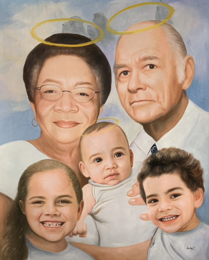 Painting of grandparents with haloes, a baby, and two young children.