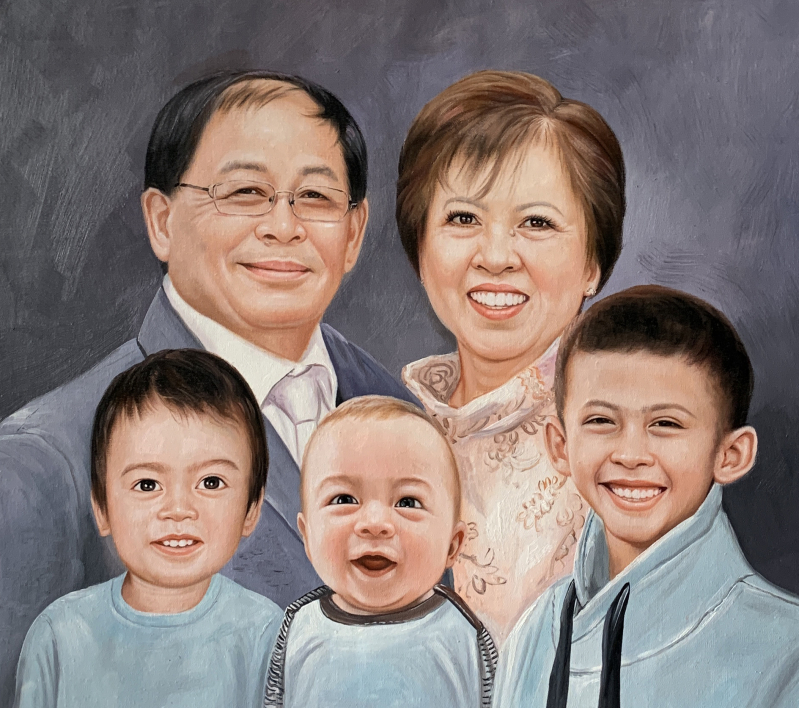 Family portrait painting of grandparents and two grandsons.