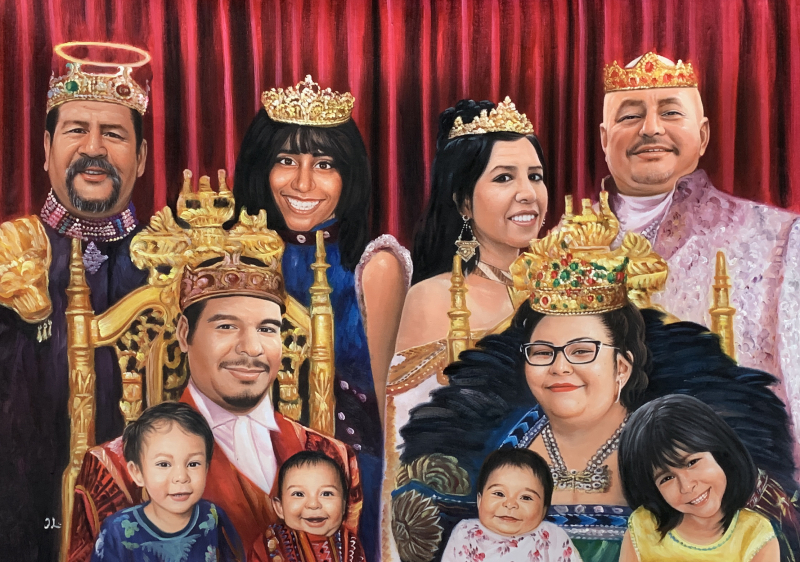 Painting of a large family dressed in regal attire and crowns, seated on ornate chairs.
