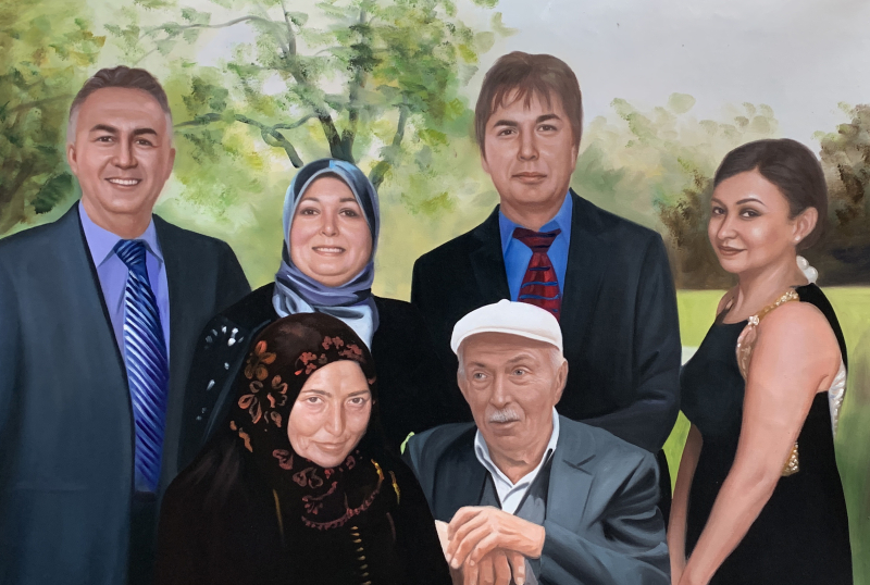 Oil painting of a multigenerational family portrait.