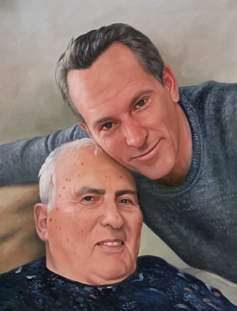 Painting of an older man and a younger man, the younger man`s arm around the older man`s shoulder.
