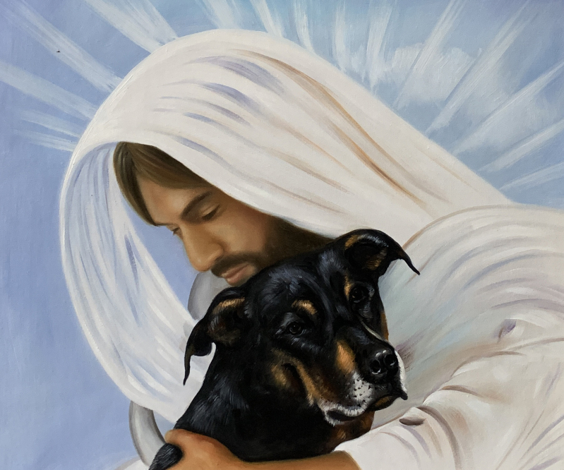 Jesus embracing a dog.