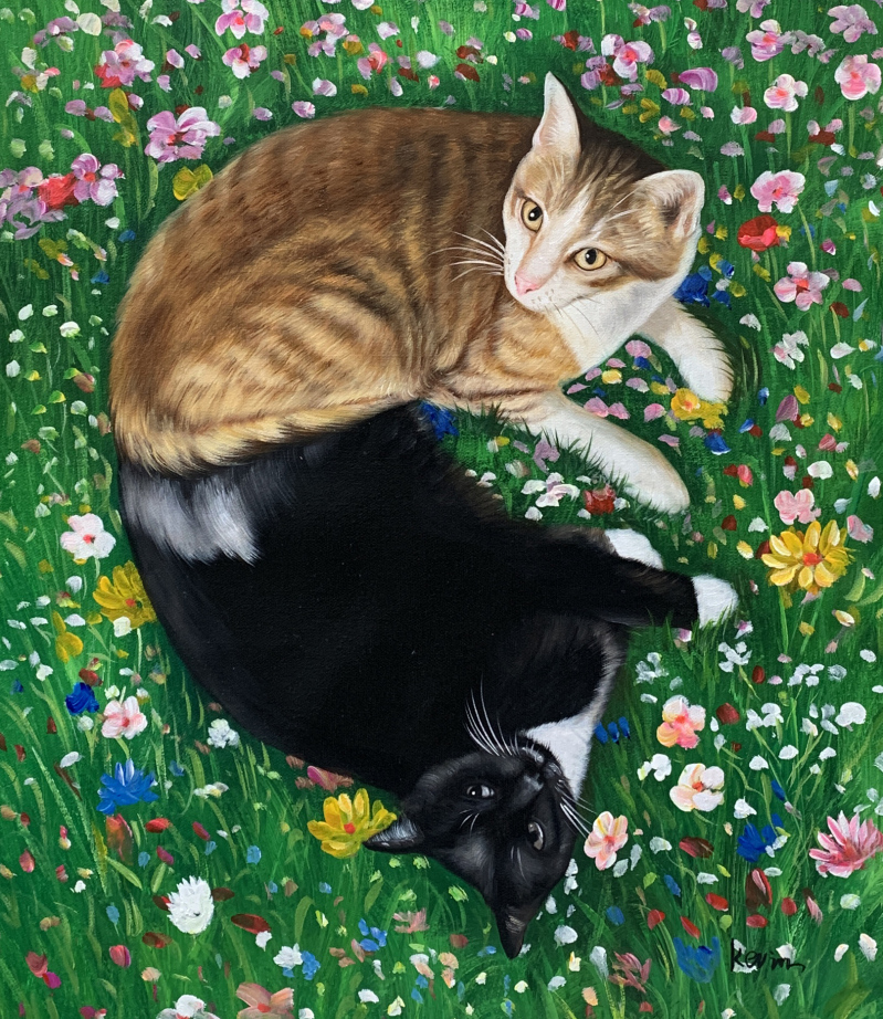 Painting of two cats lying in a field of wildflowers, one orange tabby and one black and white.