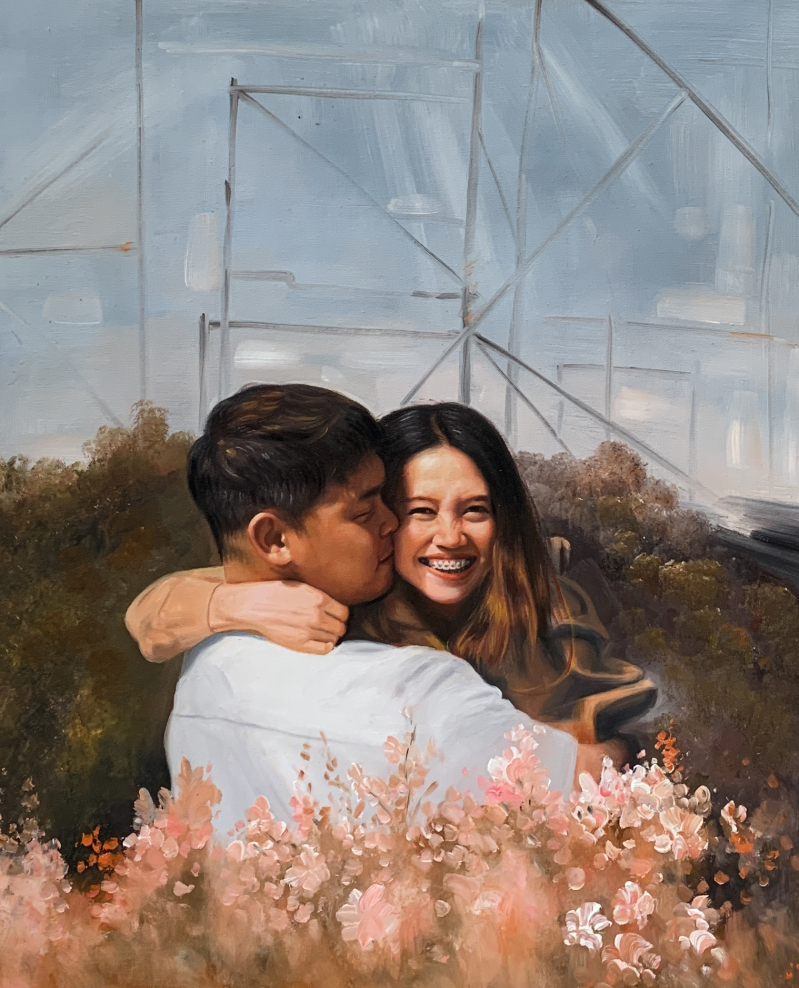 Painting of a couple embracing, surrounded by flowers, with a metal structure in the background.