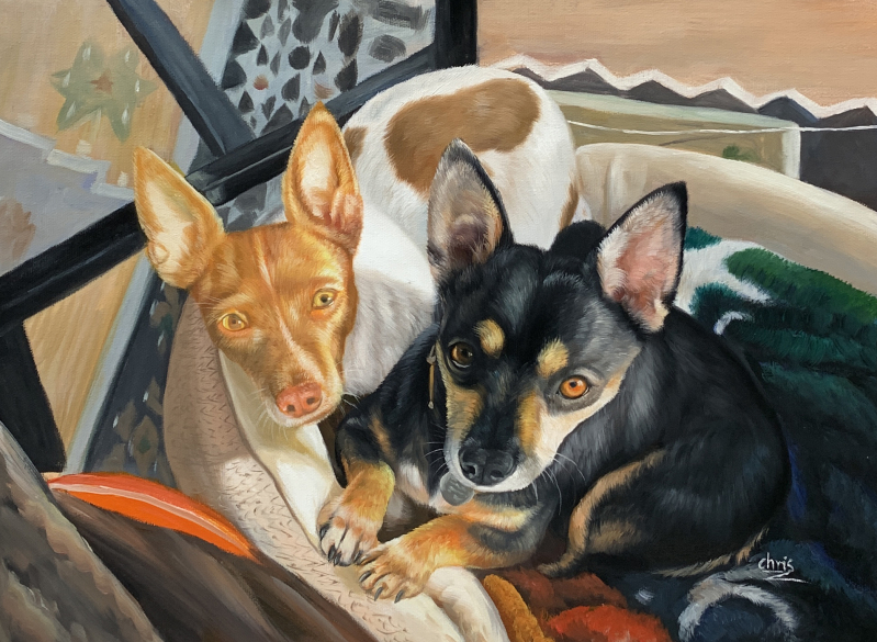 Painting of two small dogs cuddling on a blanket.