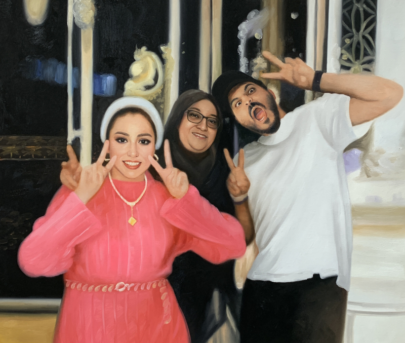 Oil painting portrait of three people making peace signs.