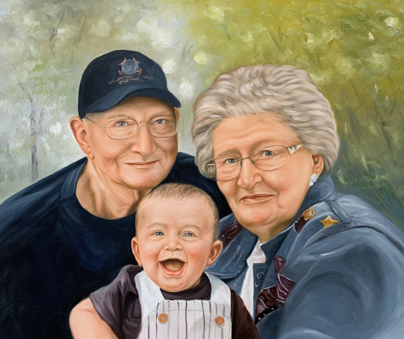 Painted portrait of grandparents and their baby grandson.