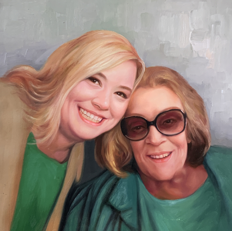 Oil painting portrait of two women, one blonde and one brunette, smiling and posing closely together.